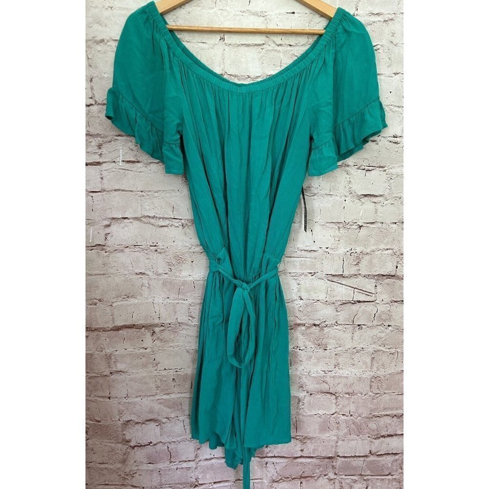 New York & Company Green Off the Shoulder Romper Rayon Tie Waist Size Medium NEW